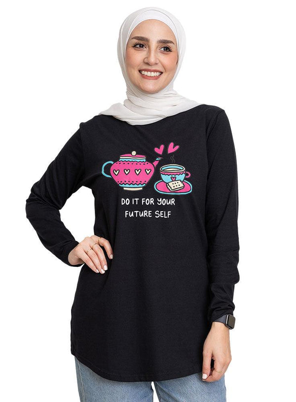 Black Printed Long - Sleeve Design 50 - Khotwh